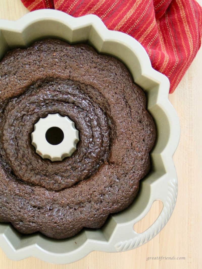 Overhead view of a bundt cake just out of the oven.