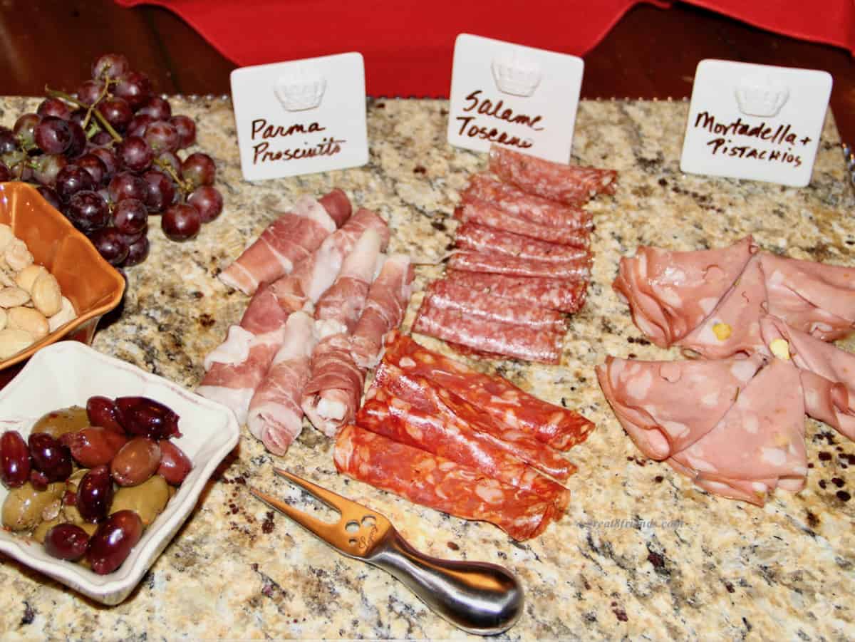 A charcuterie board on granite.