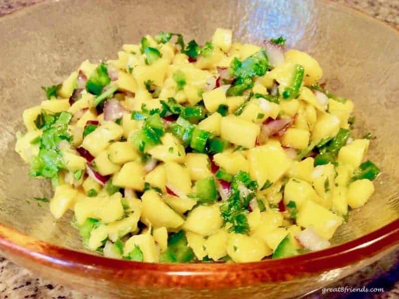 Make a bowl of this Mango Relish any time you find fresh mangoes at the grocery store. It is delicious as an appetizer or on fish tacos.