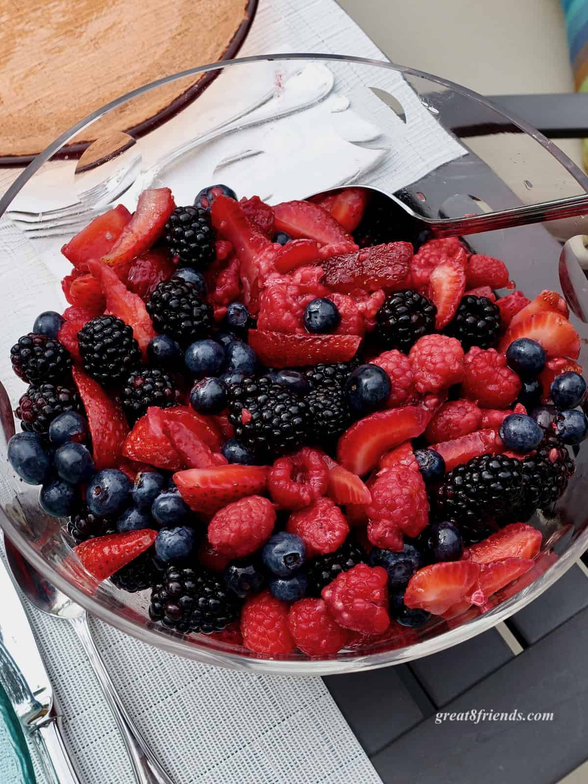Fresh mixed berries in a glass bowl.