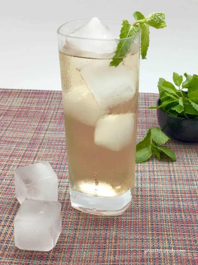 A cocktail in a highball glass garnished with a mint sprig with mint sprigs in a bowl behind and two ice cubes next to the glass.