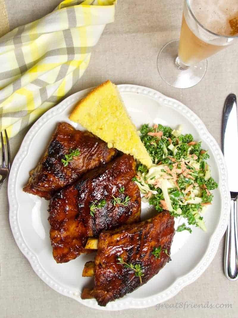 Brined Slow Cooker Barbecued Pork Ribs and cornbread and kale slaw