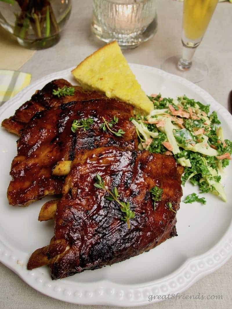 Brined Slow Cooker Barbecued Pork Ribs with cornbread and kale slaw