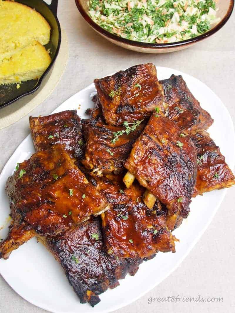 Brined Slow Cooker Barbecued Pork Ribs with kale slaw and cornbread