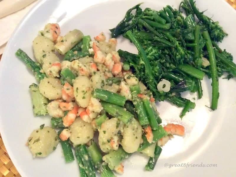 Gnocchi with Shrimp, Asparagus, and Pesto plated