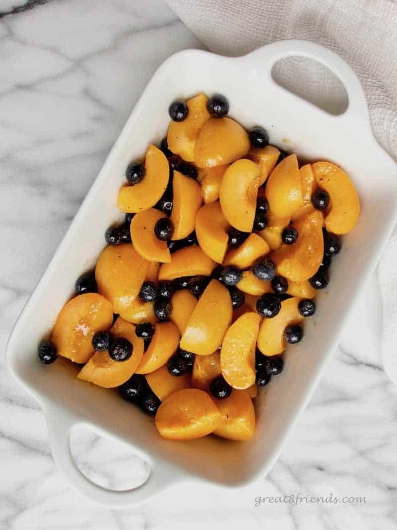 Apricot Blueberry Cobbler just the fruit before the topping is added.