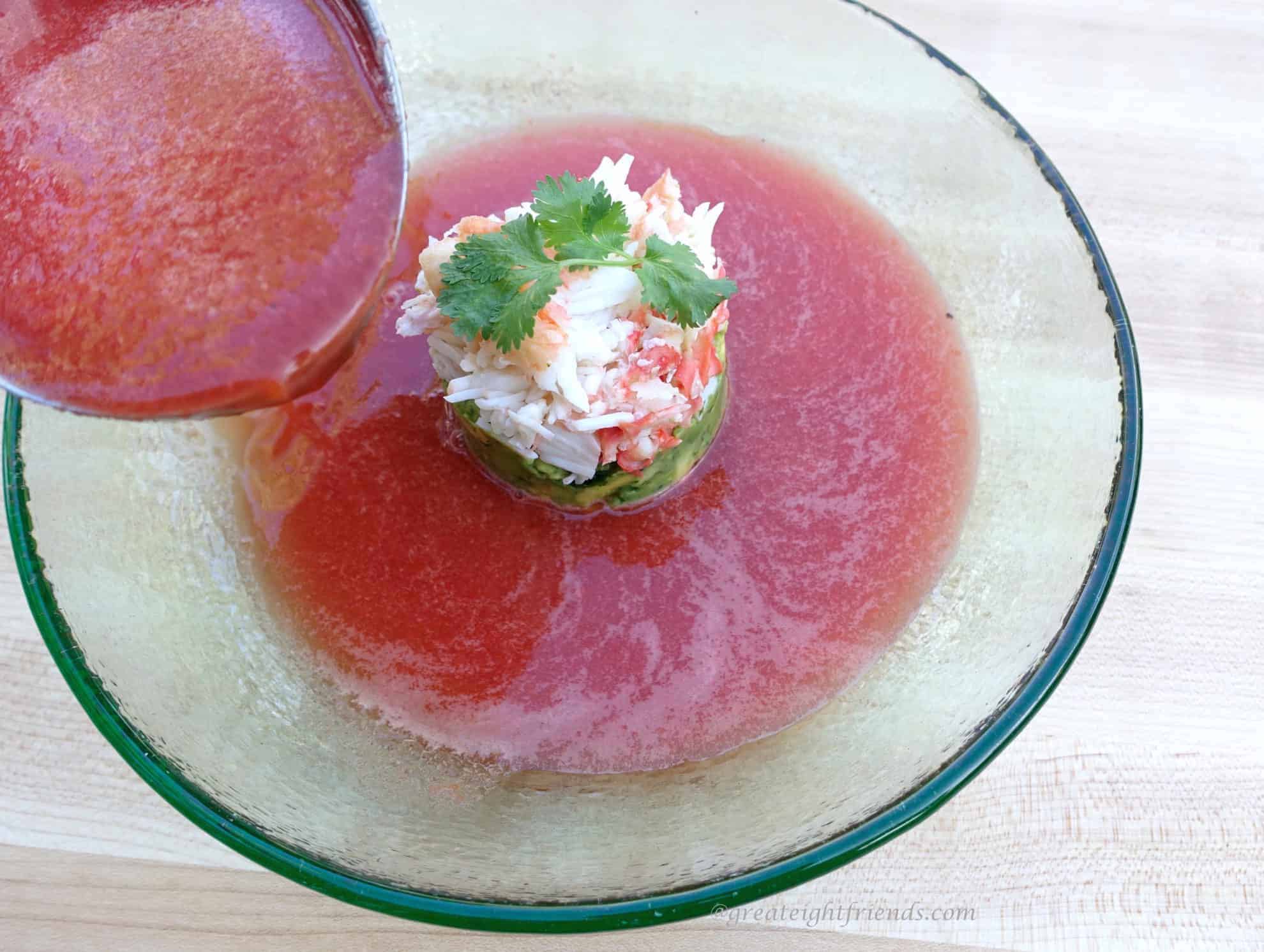 Watermelon Gazpacho with Crab Salad, the ultimate summer soup; delicious, easy and elegant. What could be better? Perfect for company or family.