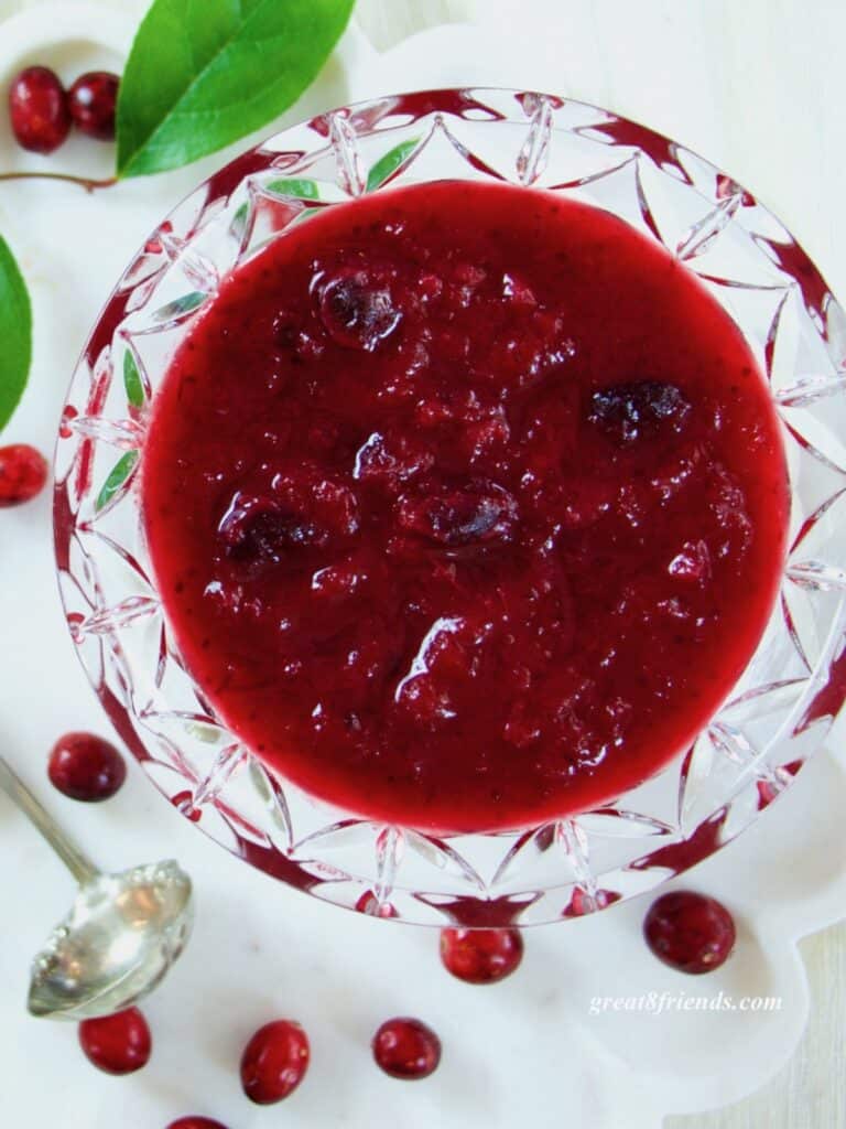 Overhead shot of Cranberry Sauce in a crystal bowl.