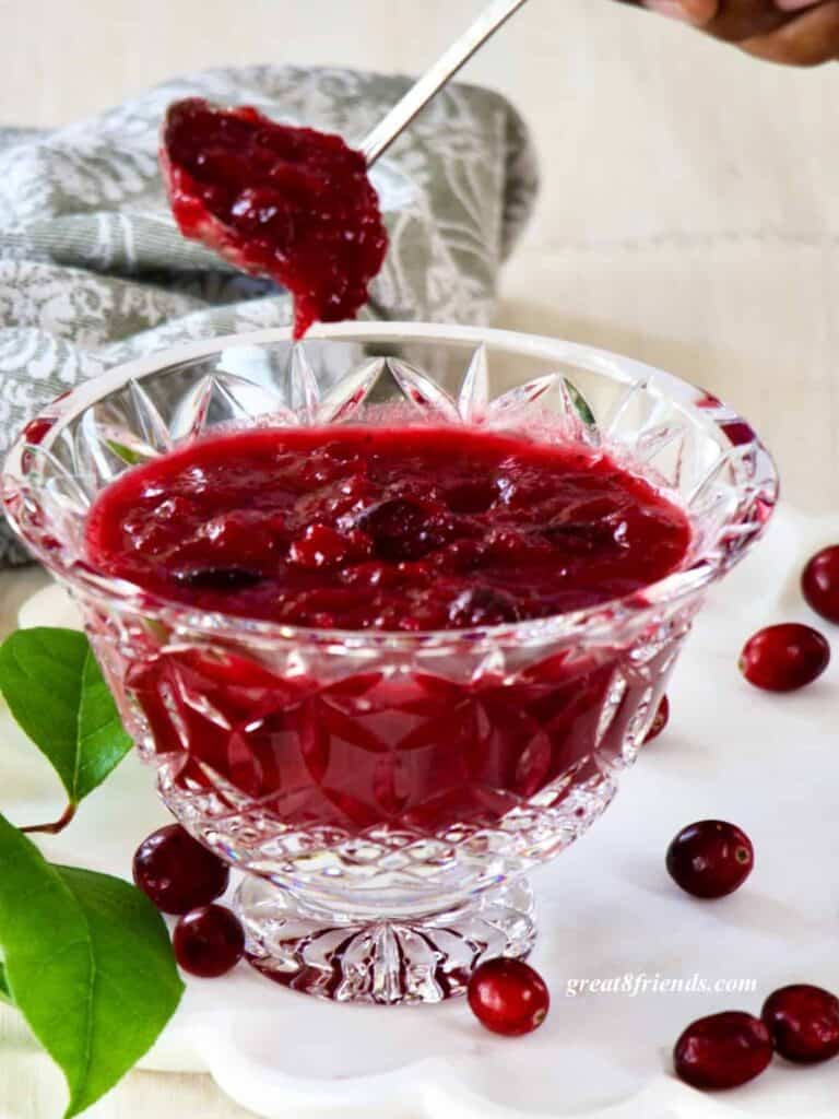 Cranberry Sauce in a crystal bowl.