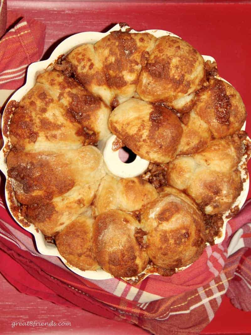 Baked sticky buns (monkey bread) in a bundt pan.
