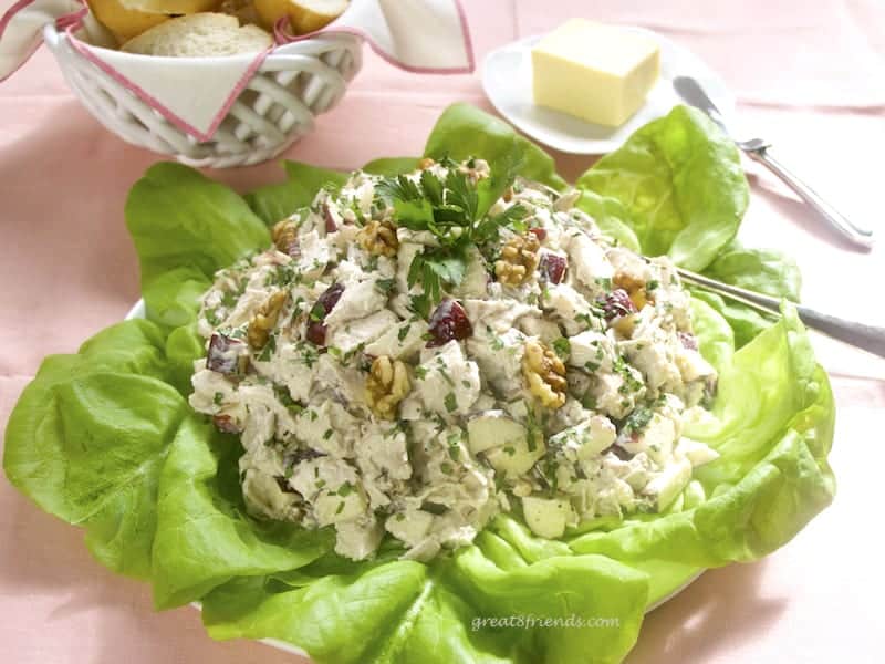 This Chicken Salad is the perfect lunch or light dinner. It is elegant, easy and refreshing. Or it can be casual! The best part, it starts with a store-bought rotisserie chicken!