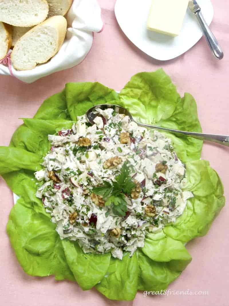 This Chicken Salad is the perfect lunch or light dinner. It is elegant, easy and refreshing. Or it can be casual! The best part, it starts with a store-bought rotisserie chicken!