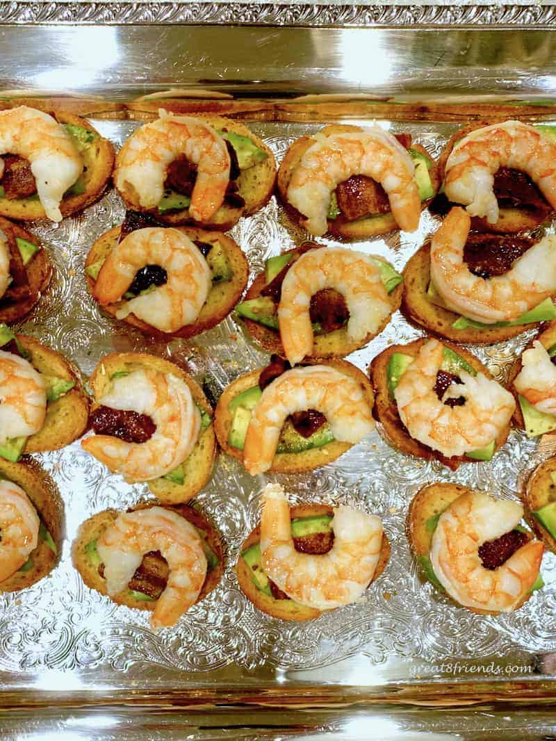 shrimp, candied bacon, avocado crostini