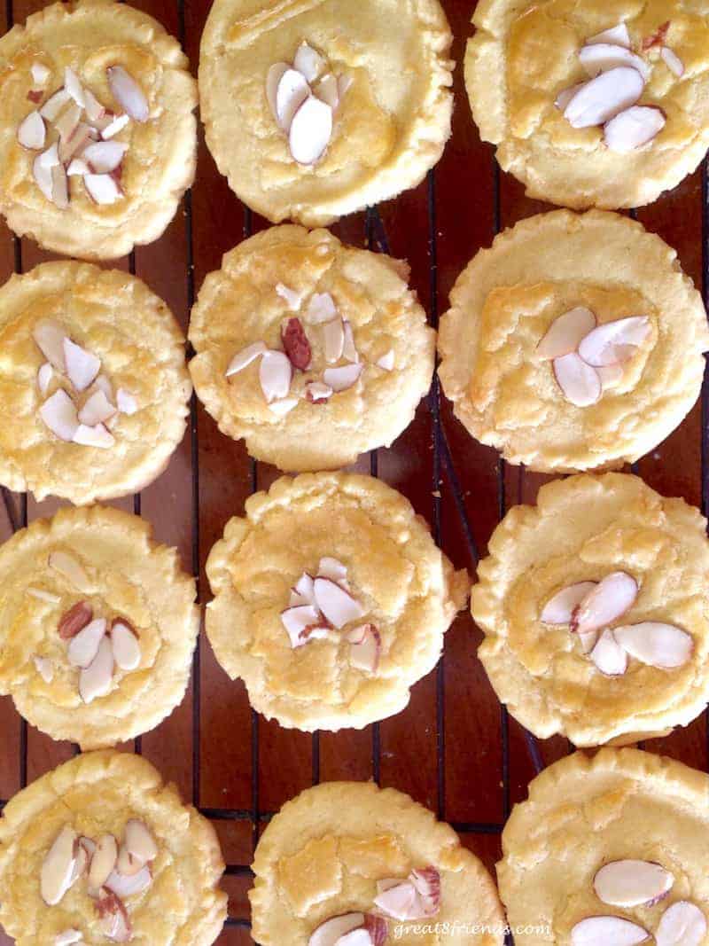 Overhead shot of baked almond cookies.