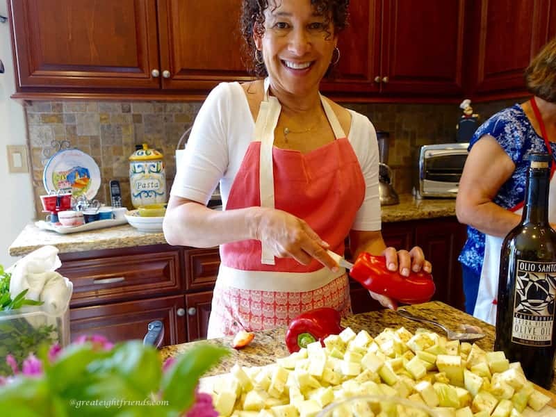 Debbie cutting peppers for eggplant caponata.