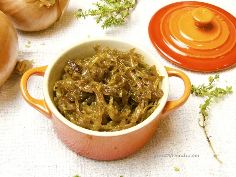 Caramelized Onion Jam in a little orange pot