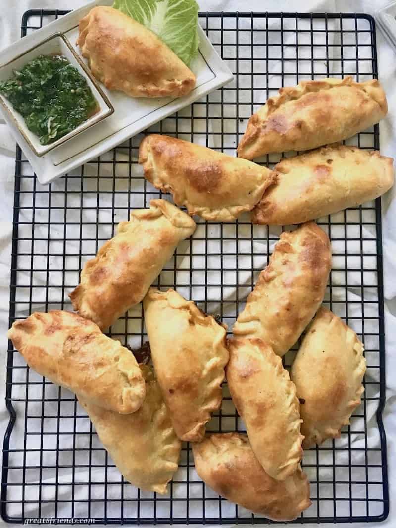 Potato, Pepper, Chorizo Empanadas with a side of Board Dressing.