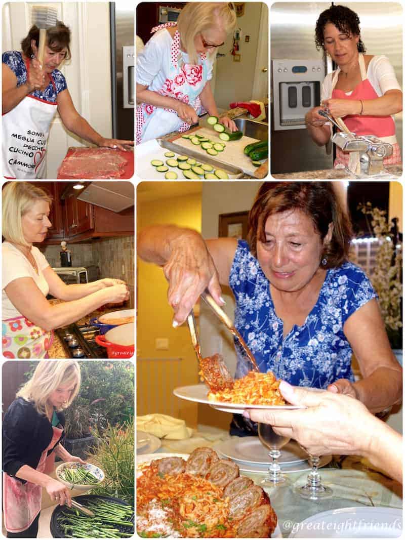 Collage of cooking day. Clockwise from top left, pounding meat, slicing zucchini, putting pasta through the roller, serving pasta, grilling asparagus, at the stove.