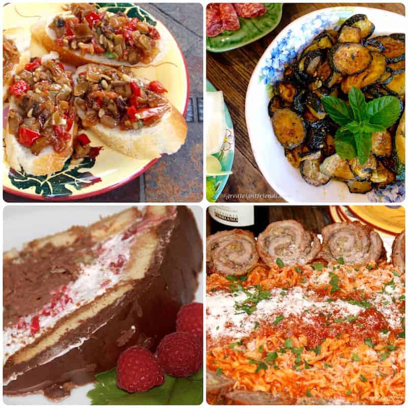 Four dishes from Cooking with Nonna Anna. Clockwise from top left, eggplant caponata on bruschetta, Zucchini Scapece, Beef Braciole with pasta and sauce, Zuccotto.