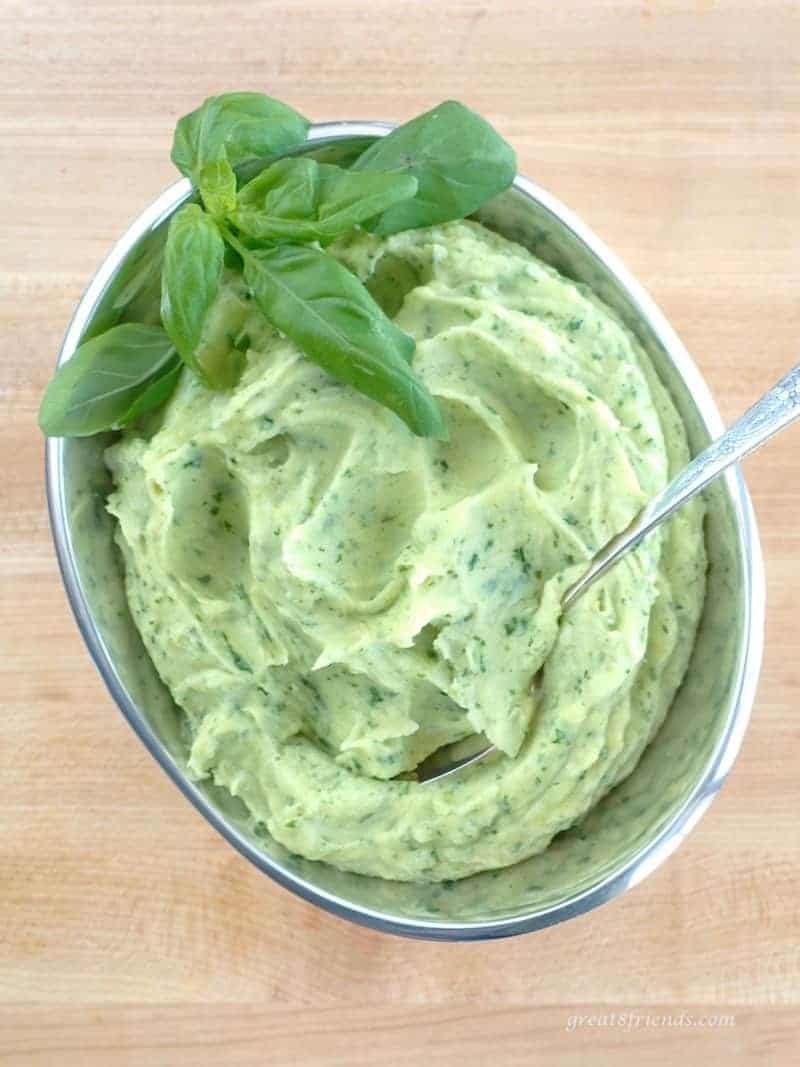 Overhead shot of Potato Basil Purée in an oval bowl.