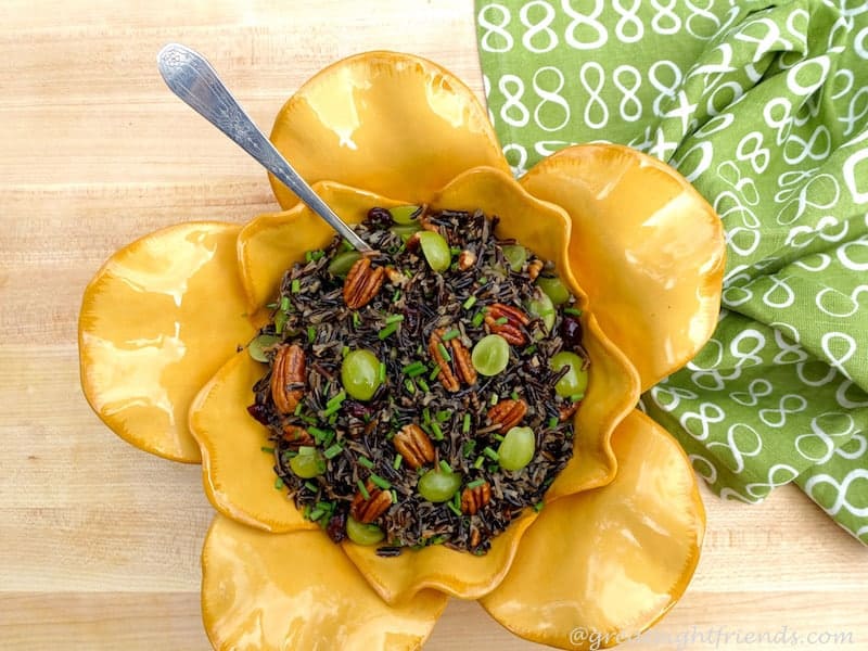 Overhead shot of Wild Rice Salad and green Towel