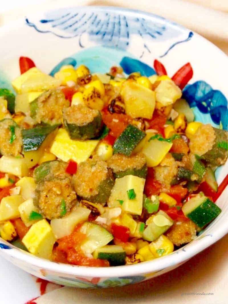 Fried okra with corn, tomatoes and squash
