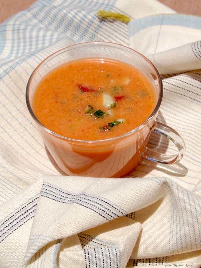 Gazpacho, a "salad" that you drink! The fresh vegetables and bright seasonings make this the perfect summer sipping soup!