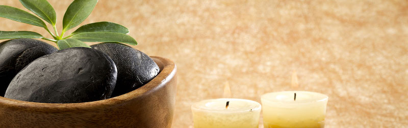 Decorative photo rocks and candles.