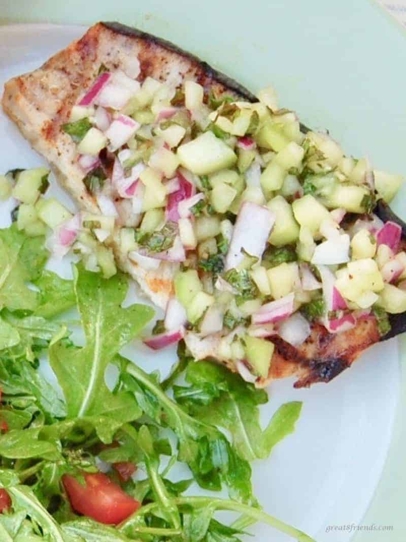 This Grilled Swordfish with Mint Cucumber Salsa is a fresh, light, and healthy meal and perfect for a backyard barbecue.