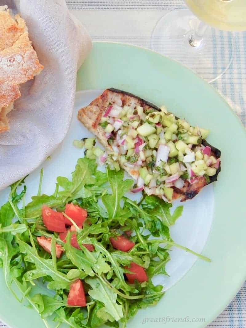 This Grilled Swordfish with Mint Cucumber Salsa is a fresh, light, and healthy meal and perfect for a backyard barbecue.