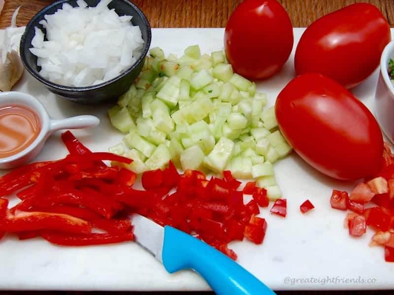 Gazpacho, a "salad" that you drink! The fresh vegetables and bright seasonings make this the perfect summer sipping soup!