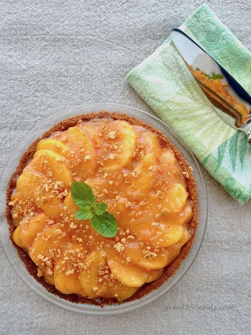 Whole Peach Amaretti Pie overhead shot.