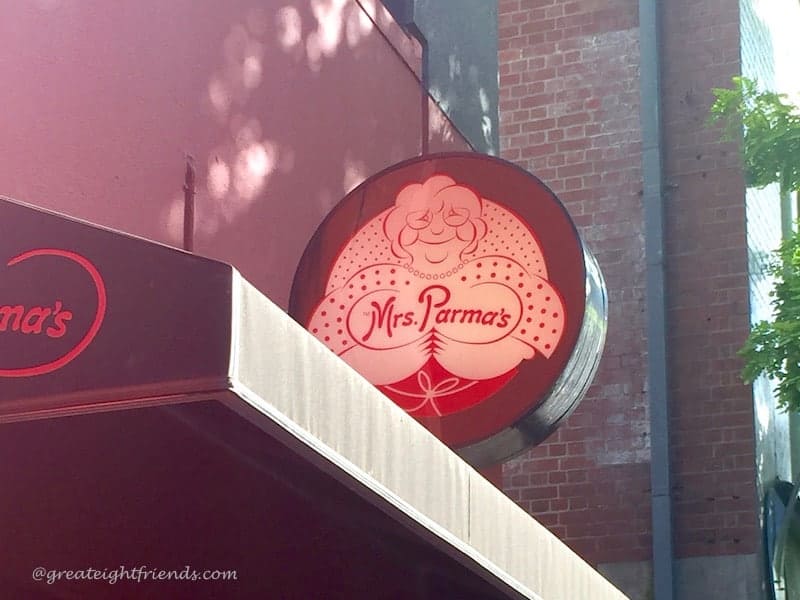 A photo of the sign outside of Mrs. Parma's Restaurant.