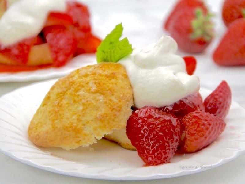Strawberry Shortcake biscuits and sweet red strawberries with whipped cream make a delicious dessert.