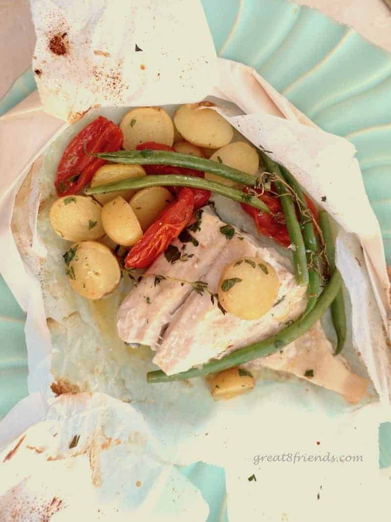 This recipe is a Fish Dinner for Eight. A Gr8 all in one meal that will make your next dinner party a breeze! And it makes a beautiful presentation!