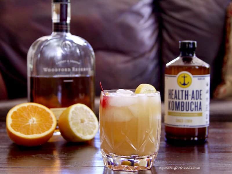 Enjoy this Health-Ade Kombucha Whiskey Sour Cocktail with rye or bourbon. A delicious adult beverage with a kick of health in every sip.