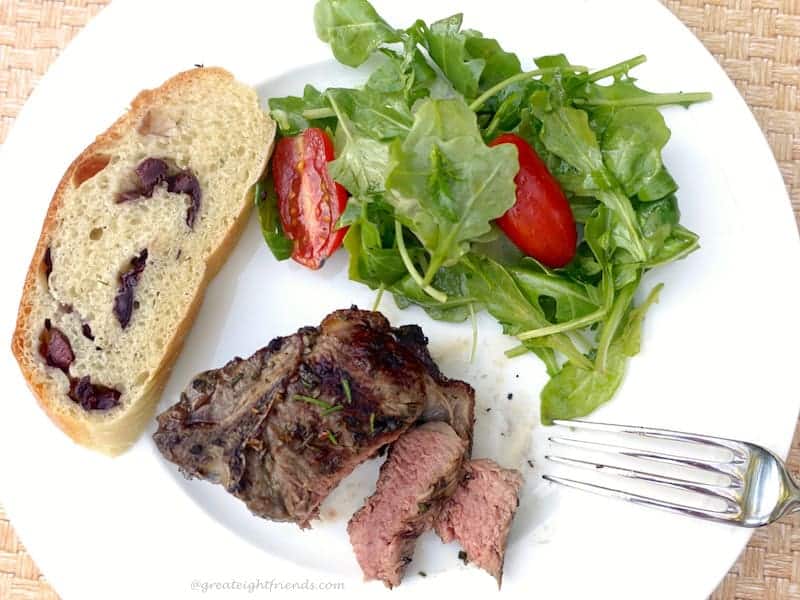 Grilled Lamb Chops overhead shot with salad and bread.