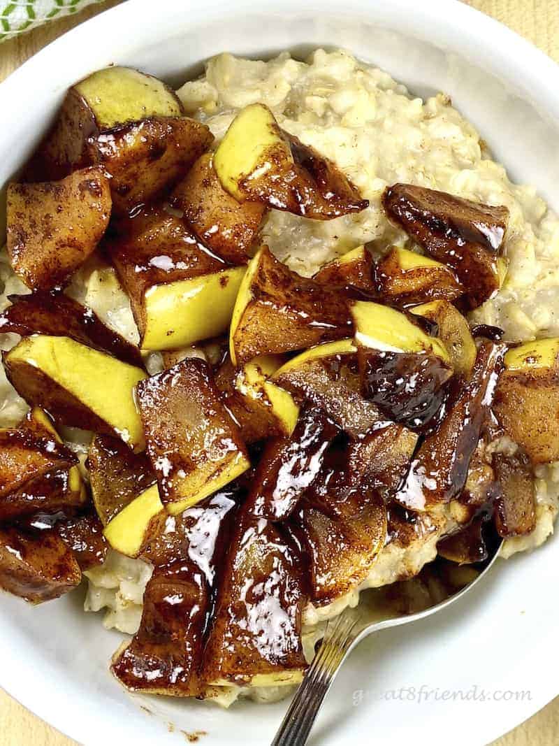 Close up overhead shot of Apple Pie Oatmeal. 