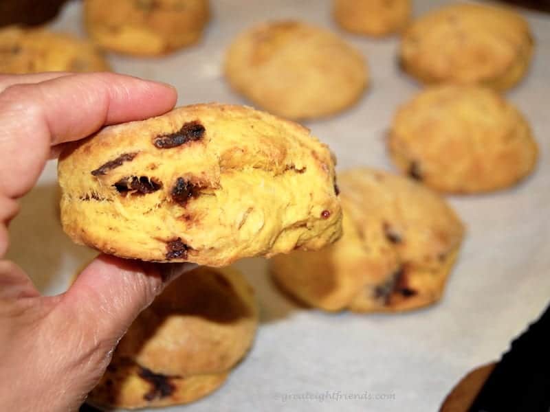 A hand holding a biscuit with more in the background.