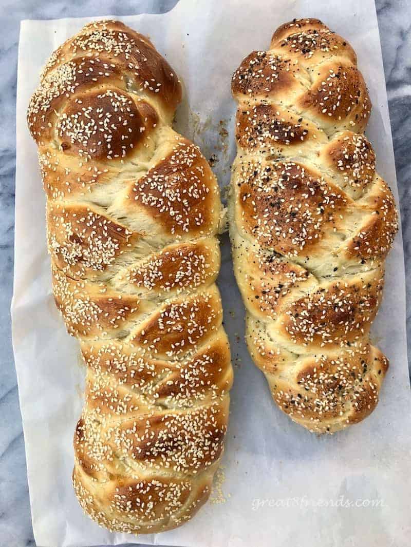 Enjoy two loaves of beautifully braided challah bread made from one bread recipe.