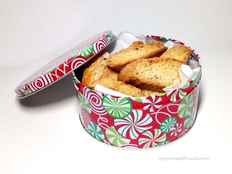 Biscotti in holiday tin.