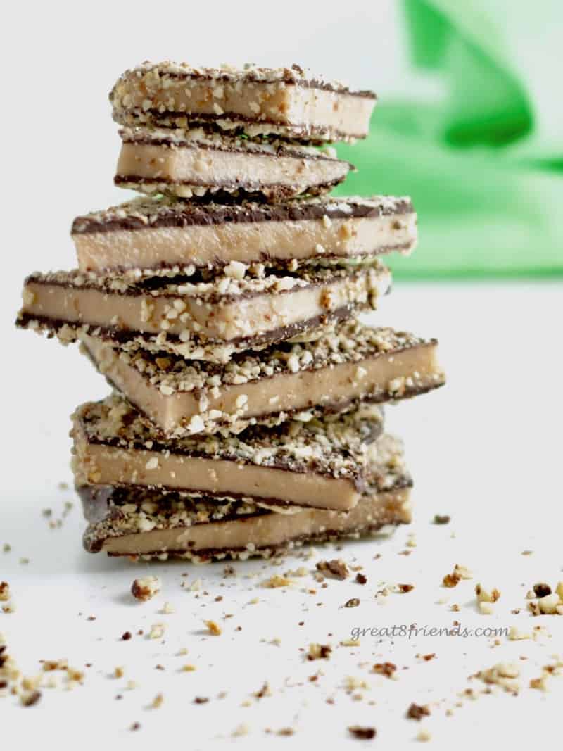 English toffee pieces stacked on each other.