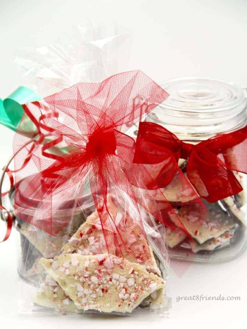 Peppermint bark packaged for Christmas gifts.