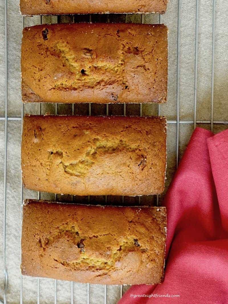 overhead shot of 3 loaves of Roasted Pumpkin Olive Oil Quick Bread