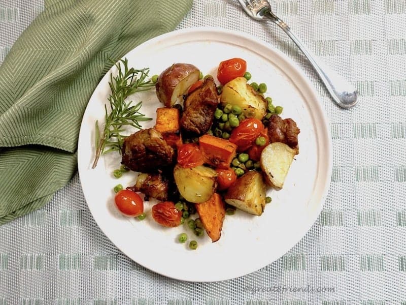 Overhead shot of lamb dinner.