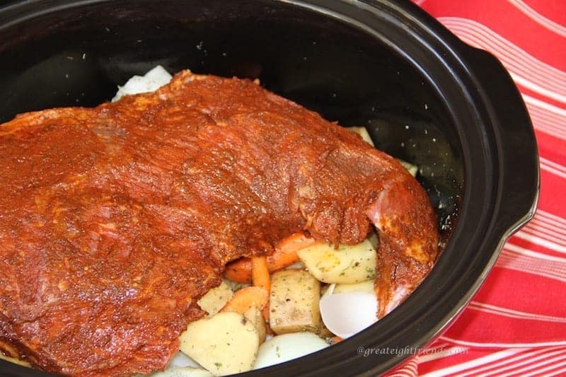 Marinated tri-tip roast in the slow cooker.