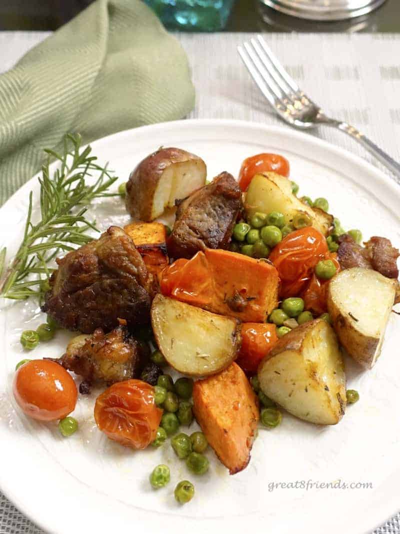 Single serving of sheet pan lamb dinner.