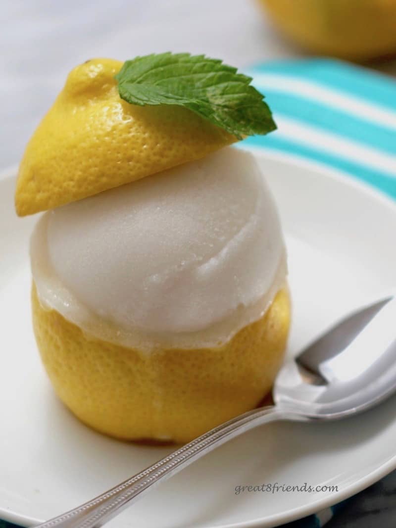 Close up of Lemon Sorbet in a Lemon Cup.