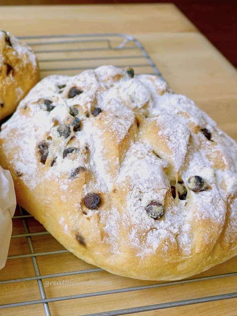 Loaf of Chocolate Chop bread on a cooling rack.