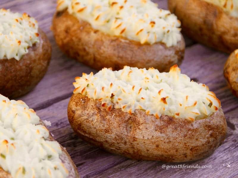 These twice baked potatoes include a creamy filling with goat cheese and scallions and twice baked creating a crisp outside shell.
